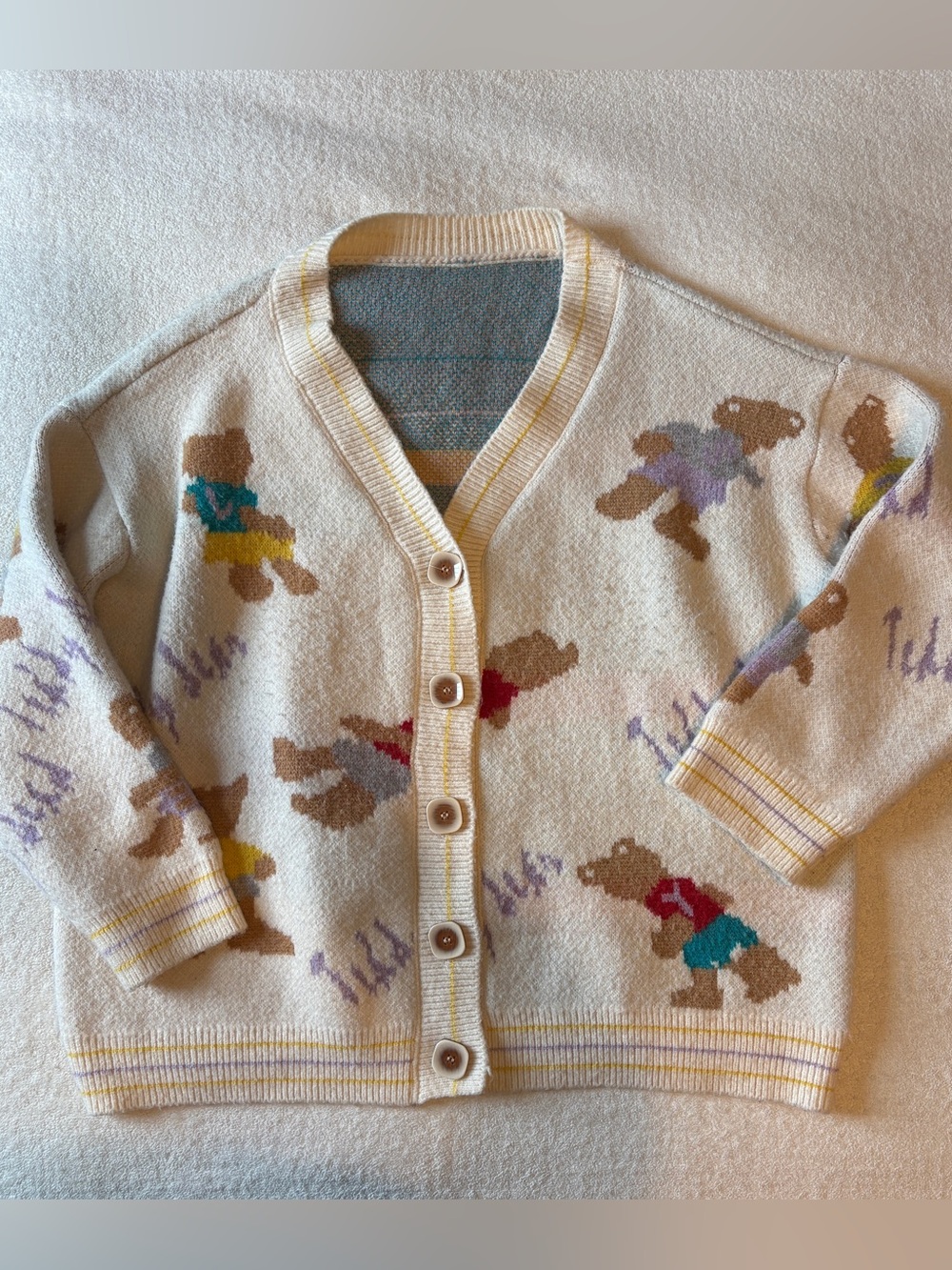 Cozy Oversized Cardigan, Teddy Bear Print. Cream Color. Sz L/ XL